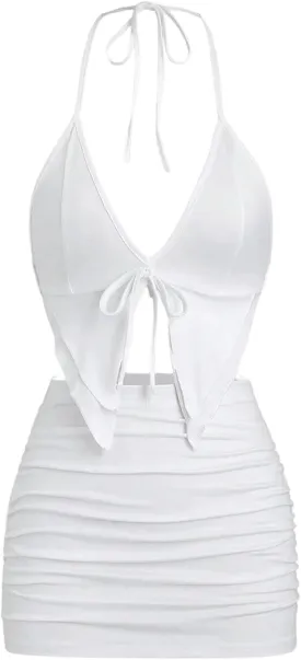 SHENHE Women's Y2k 2 Piece Sexy Outfits Backless Halter Crop Top and Ruched Bodycon Mini Skirt Set