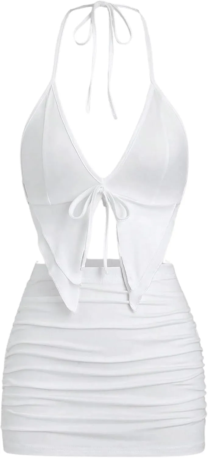 SHENHE Women's Y2k 2 Piece Sexy Outfits Backless Halter Crop Top and Ruched Bodycon Mini Skirt Set