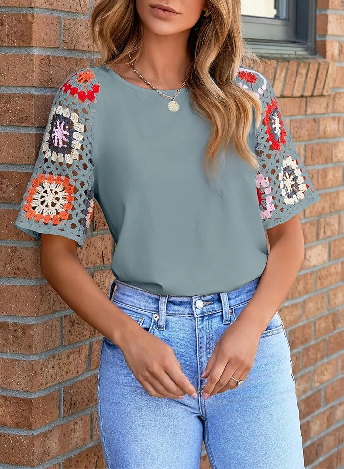 SHEWIN Womens Summer Tops Casual Short Sleeve T Shirts Crewneck Boho Crochet Floral Print Shirt Blouses