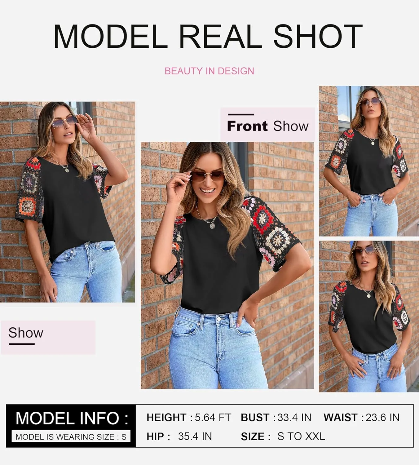 SHEWIN Womens Summer Tops Casual Short Sleeve T Shirts Crewneck Boho Crochet Floral Print Shirt Blouses