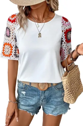 SHEWIN Womens Summer Tops Casual Short Sleeve T Shirts Crewneck Boho Crochet Floral Print Shirt Blouses