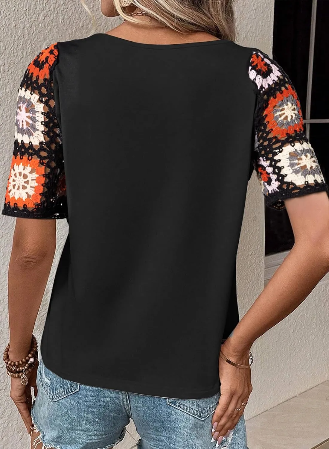 SHEWIN Womens Summer Tops Casual Short Sleeve T Shirts Crewneck Boho Crochet Floral Print Shirt Blouses