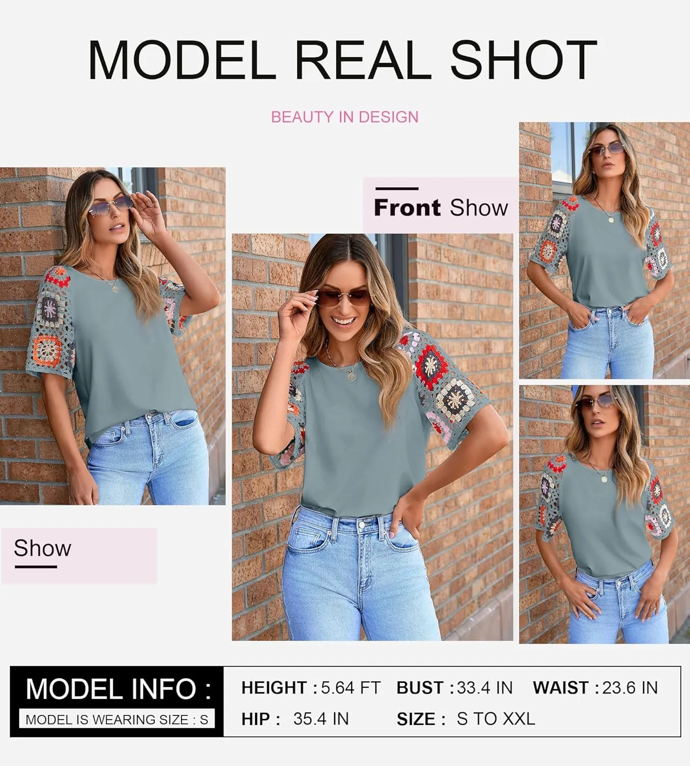 SHEWIN Womens Summer Tops Casual Short Sleeve T Shirts Crewneck Boho Crochet Floral Print Shirt Blouses