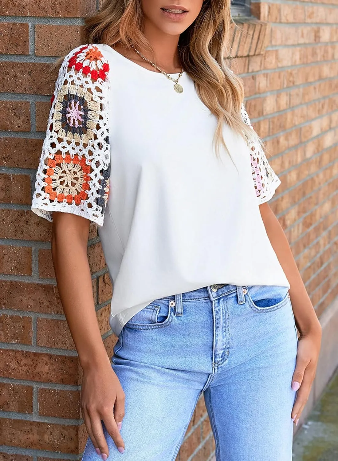 SHEWIN Womens Summer Tops Casual Short Sleeve T Shirts Crewneck Boho Crochet Floral Print Shirt Blouses