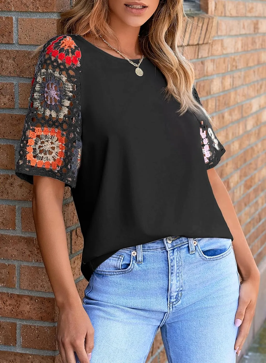 SHEWIN Womens Summer Tops Casual Short Sleeve T Shirts Crewneck Boho Crochet Floral Print Shirt Blouses