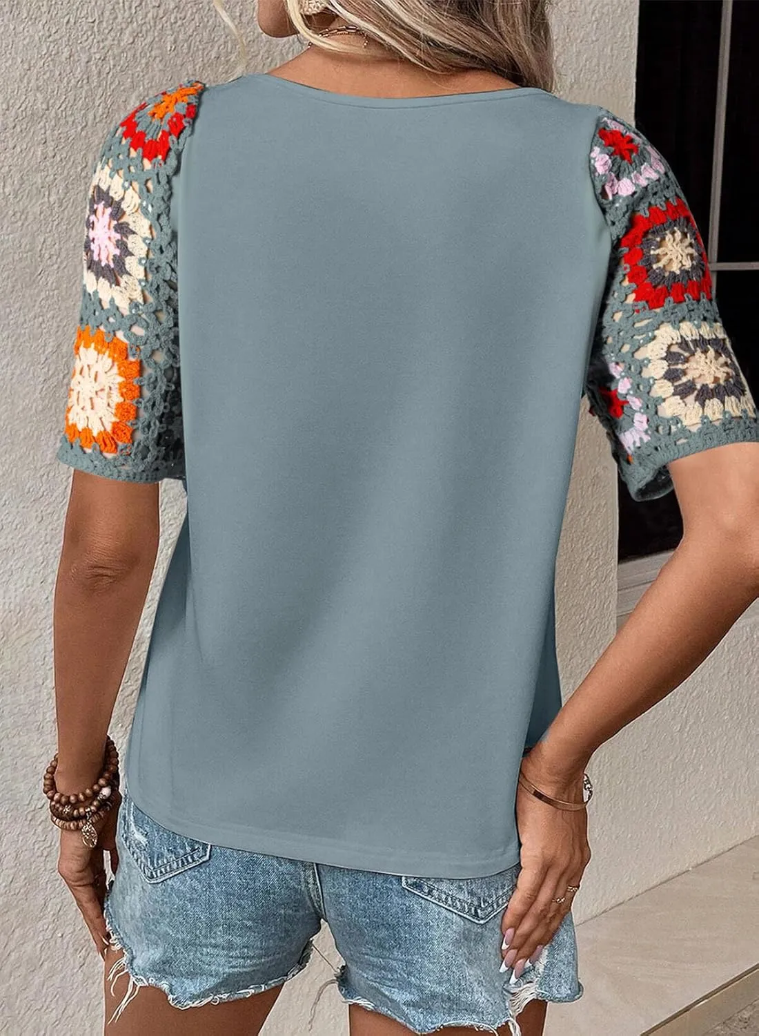 SHEWIN Womens Summer Tops Casual Short Sleeve T Shirts Crewneck Boho Crochet Floral Print Shirt Blouses
