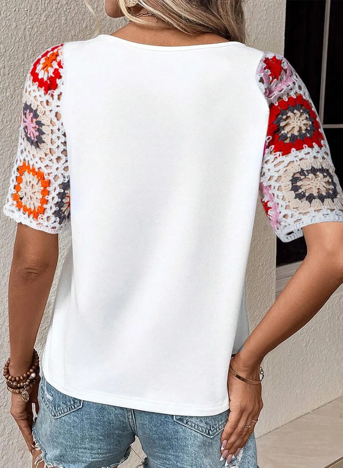SHEWIN Womens Summer Tops Casual Short Sleeve T Shirts Crewneck Boho Crochet Floral Print Shirt Blouses