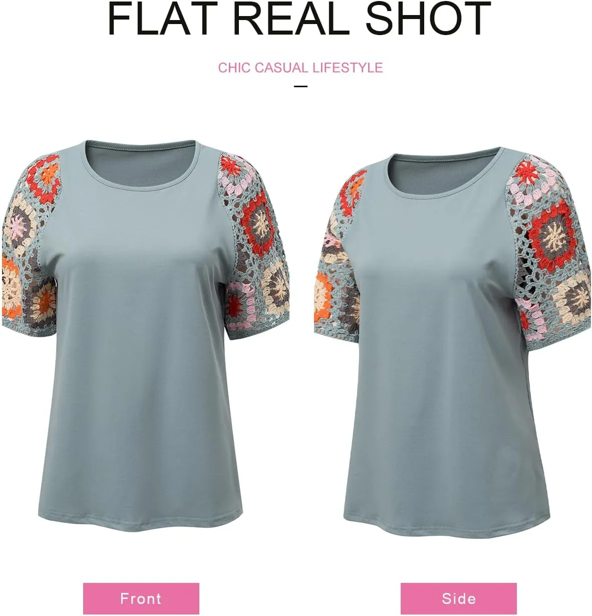 SHEWIN Womens Summer Tops Casual Short Sleeve T Shirts Crewneck Boho Crochet Floral Print Shirt Blouses