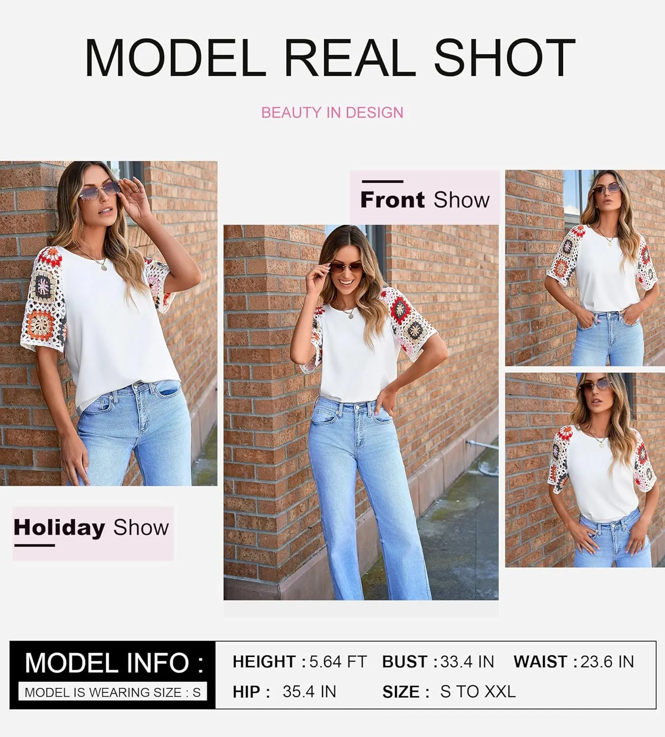 SHEWIN Womens Summer Tops Casual Short Sleeve T Shirts Crewneck Boho Crochet Floral Print Shirt Blouses