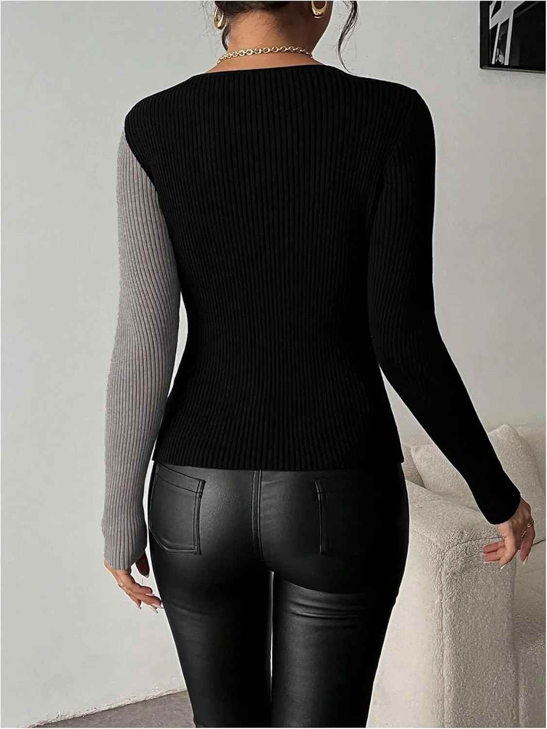 SOLY HUX Women's Color Block Deep V Neck Knitted Sweater Long Sleeve T Shirt Fitted Pullovers Tops