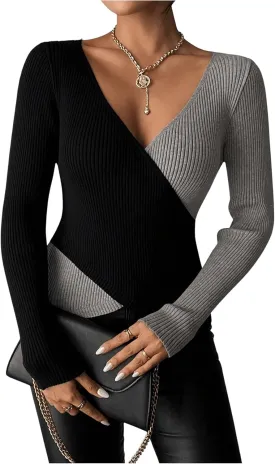 SOLY HUX Women's Color Block Deep V Neck Knitted Sweater Long Sleeve T Shirt Fitted Pullovers Tops