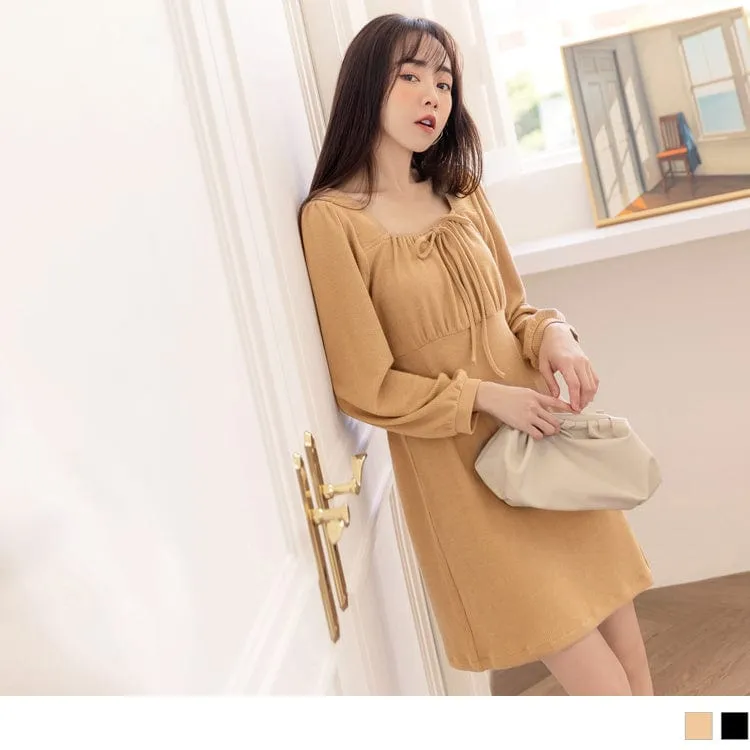SQUARE NECK PIT STRIPE KNIT A-LINE MINI DRESS