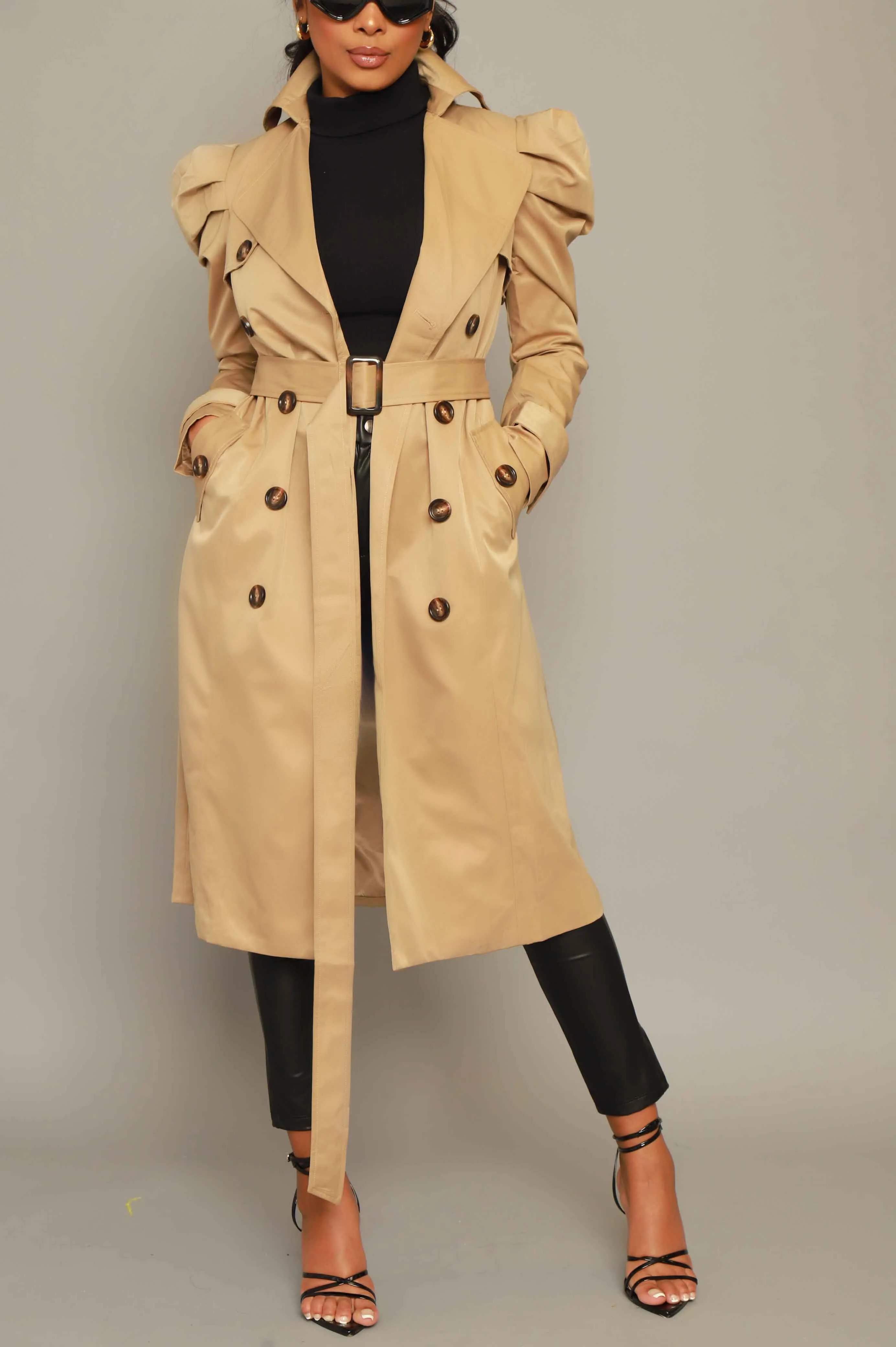 Stand Tall Puff Sleeve Trenchcoat - Khaki