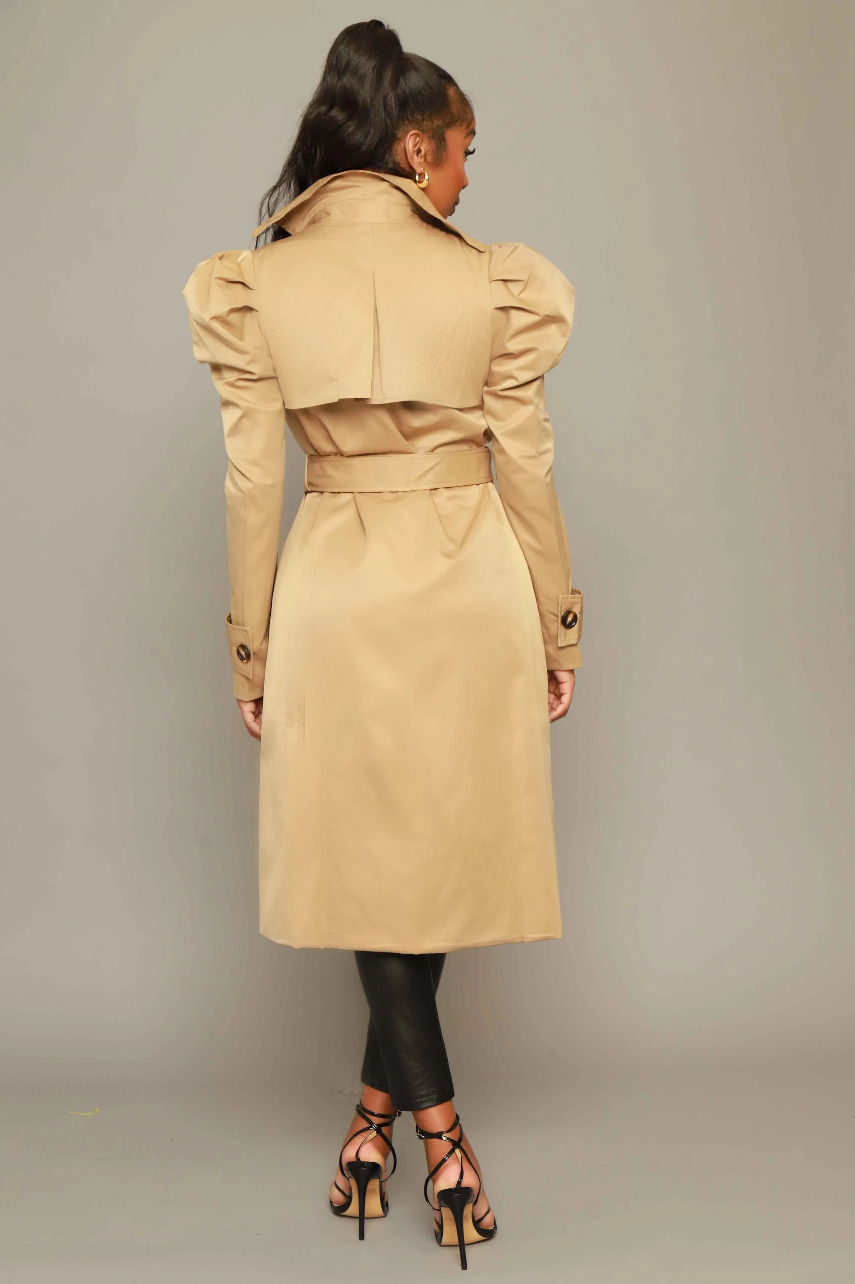 Stand Tall Puff Sleeve Trenchcoat - Khaki