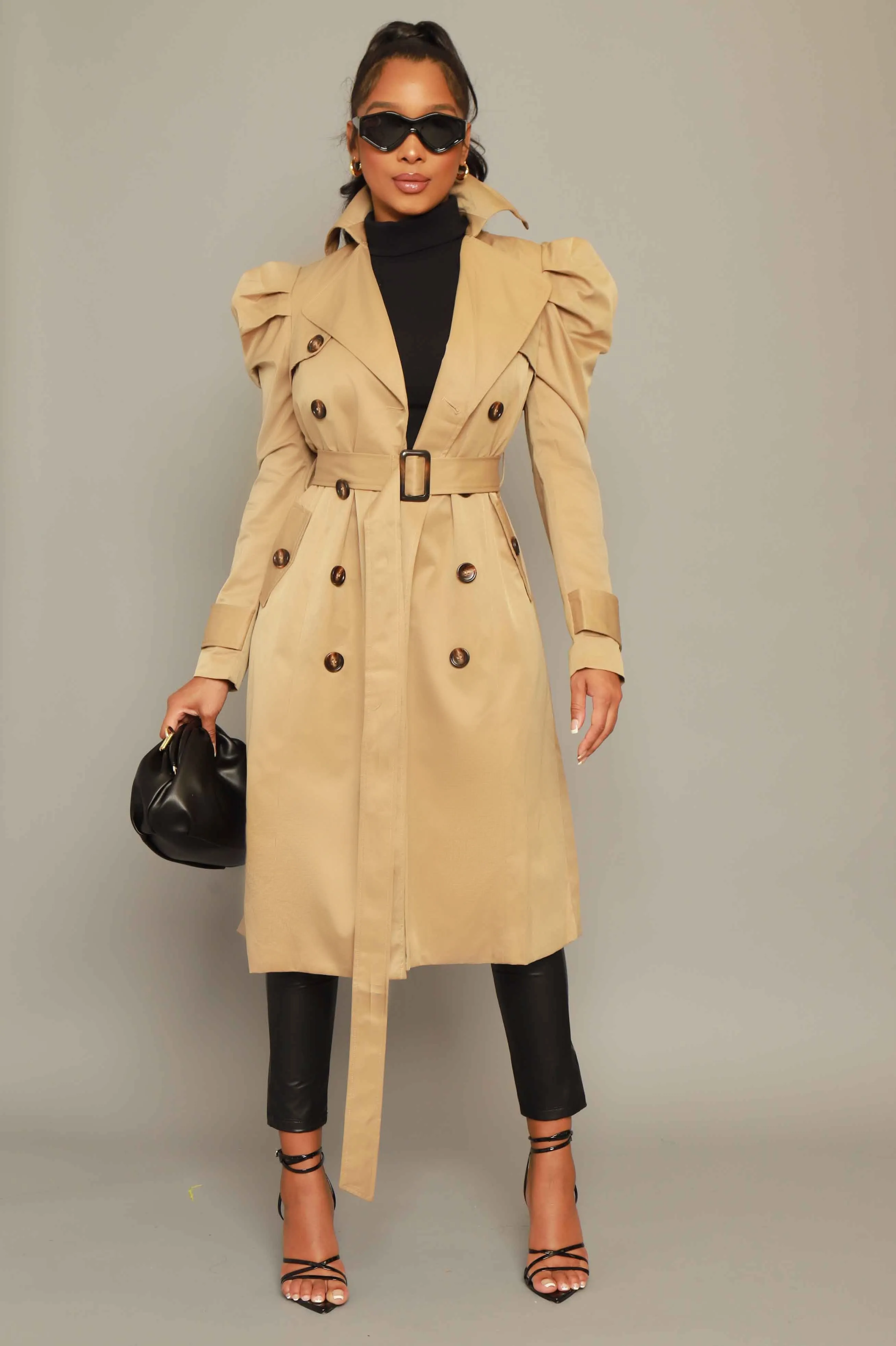 Stand Tall Puff Sleeve Trenchcoat - Khaki