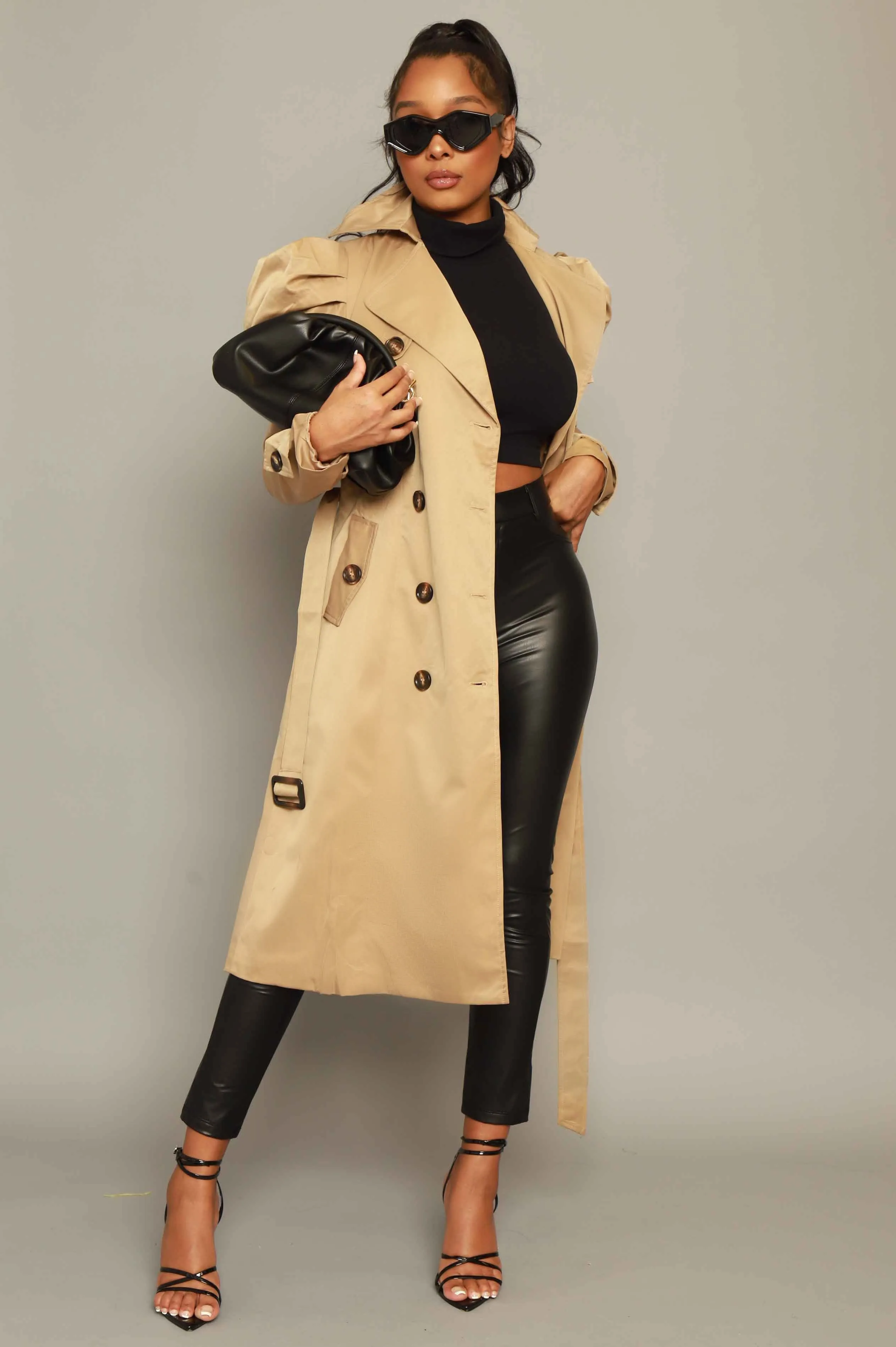 Stand Tall Puff Sleeve Trenchcoat - Khaki