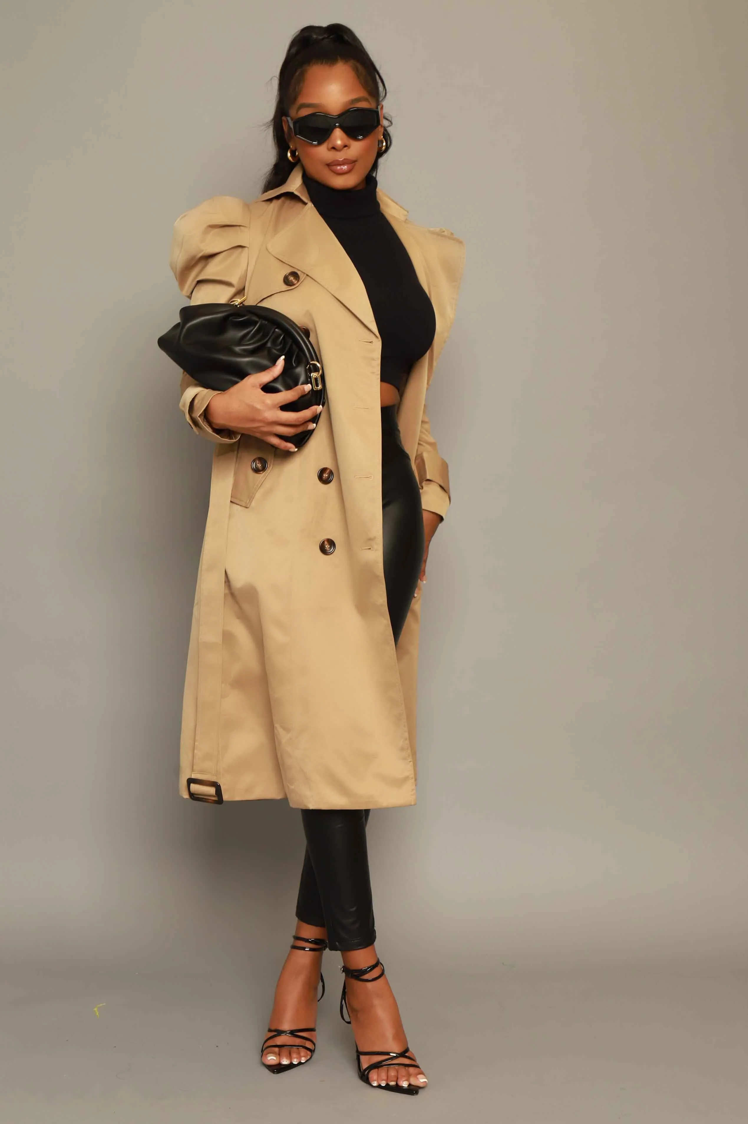 Stand Tall Puff Sleeve Trenchcoat - Khaki