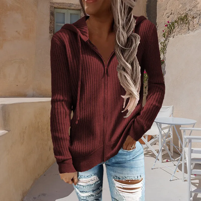 Stripe Casual Women's Hoodies Loose Knitwear Zipper Cardigan
