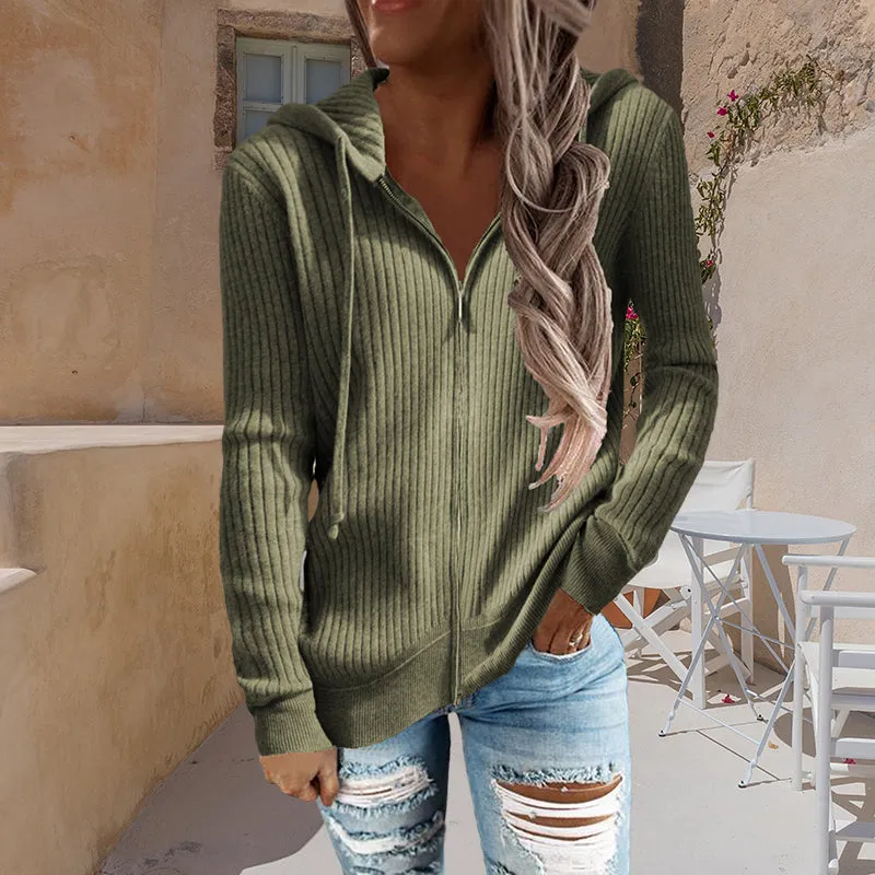 Stripe Casual Women's Hoodies Loose Knitwear Zipper Cardigan