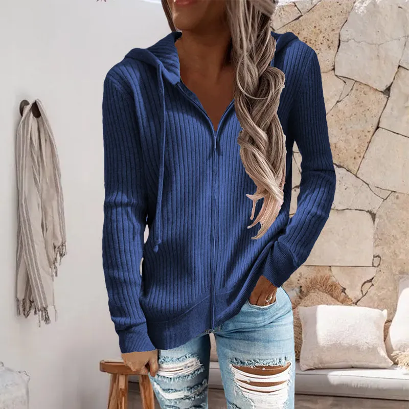 Stripe Casual Women's Hoodies Loose Knitwear Zipper Cardigan