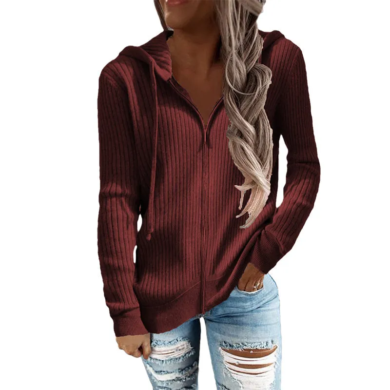 Stripe Casual Women's Hoodies Loose Knitwear Zipper Cardigan