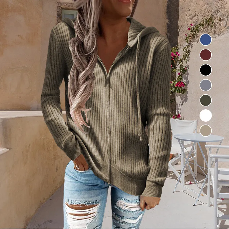 Stripe Casual Women's Hoodies Loose Knitwear Zipper Cardigan