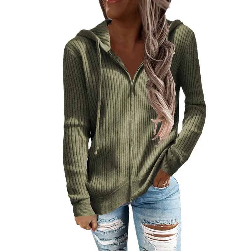 Stripe Casual Women's Hoodies Loose Knitwear Zipper Cardigan