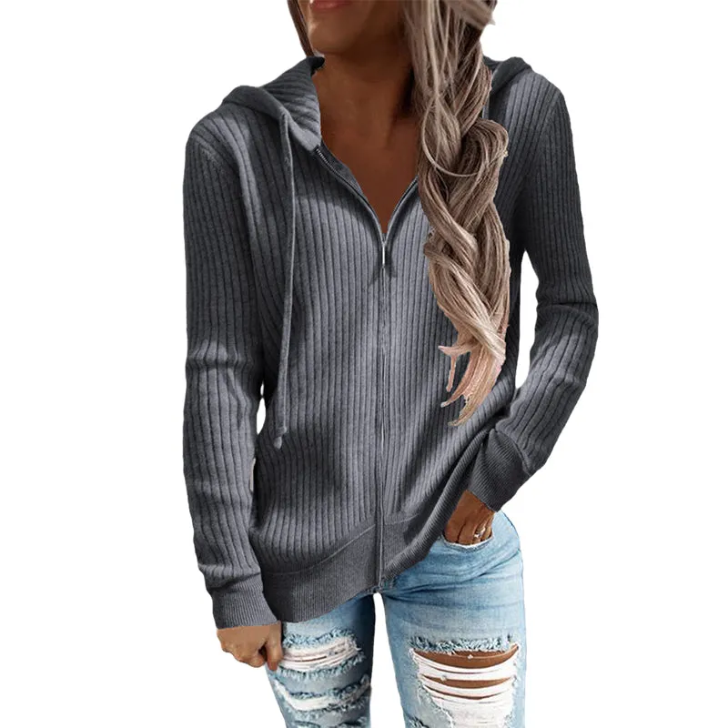 Stripe Casual Women's Hoodies Loose Knitwear Zipper Cardigan