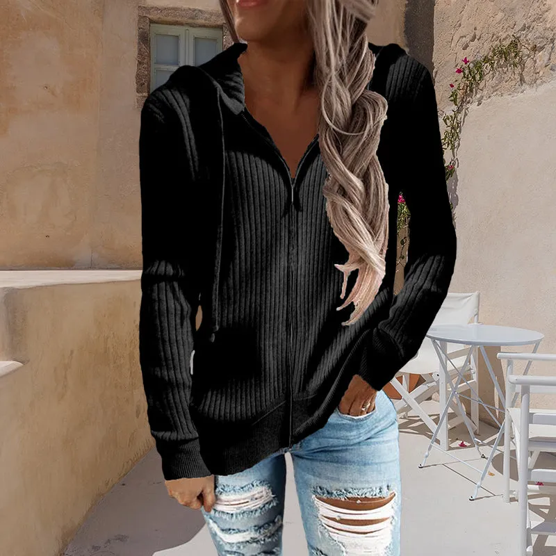 Stripe Casual Women's Hoodies Loose Knitwear Zipper Cardigan