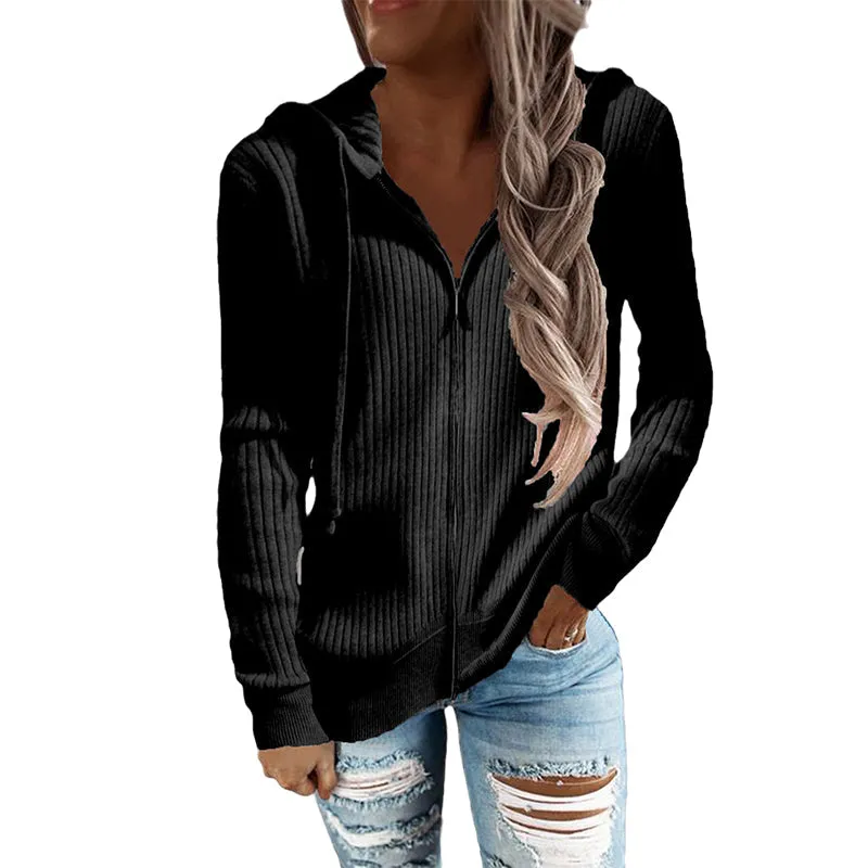 Stripe Casual Women's Hoodies Loose Knitwear Zipper Cardigan