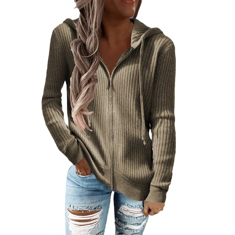 Stripe Casual Women's Hoodies Loose Knitwear Zipper Cardigan