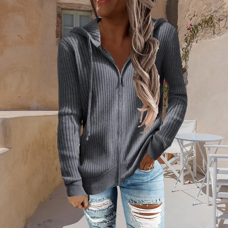Stripe Casual Women's Hoodies Loose Knitwear Zipper Cardigan
