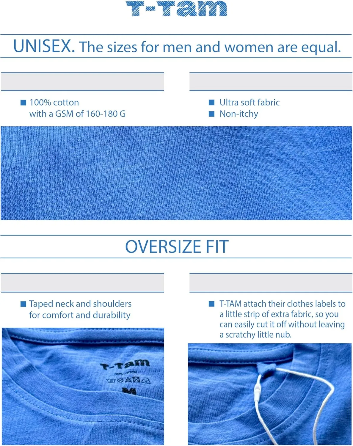 T-TAM Unisex Oversized T-Shirt for Women & Men - 100% Soft Cotton Crew Neck Short Sleeve - Basic Tee Shirt