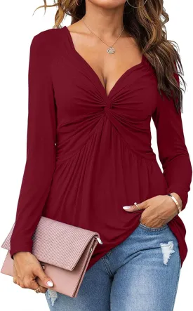 Tankaneo Women V-Neck Front Knotted Blouse Shirt Long Sleeve Elegant Casual T-Shirt Solid Color Pullover Tops