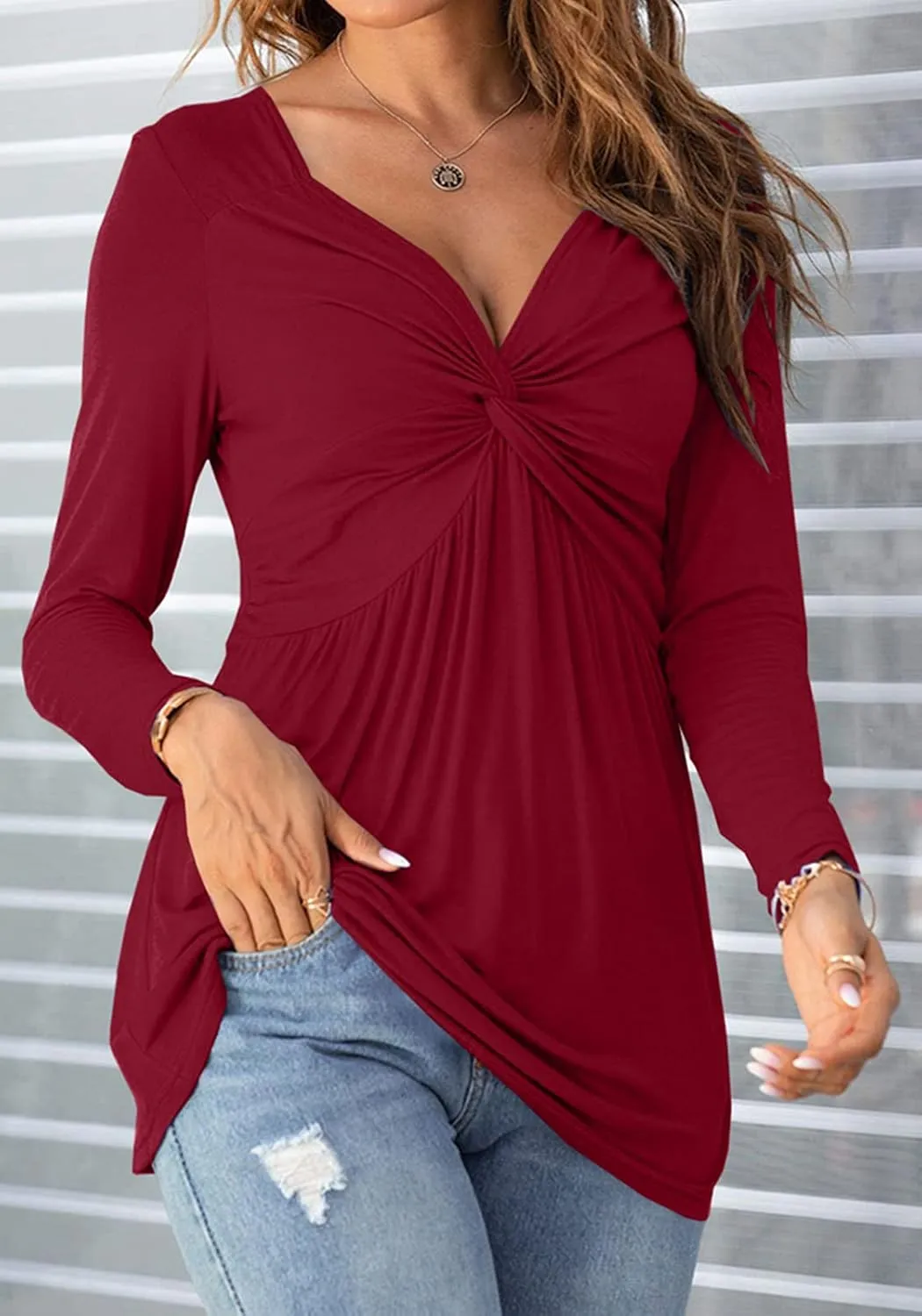 Tankaneo Women V-Neck Front Knotted Blouse Shirt Long Sleeve Elegant Casual T-Shirt Solid Color Pullover Tops
