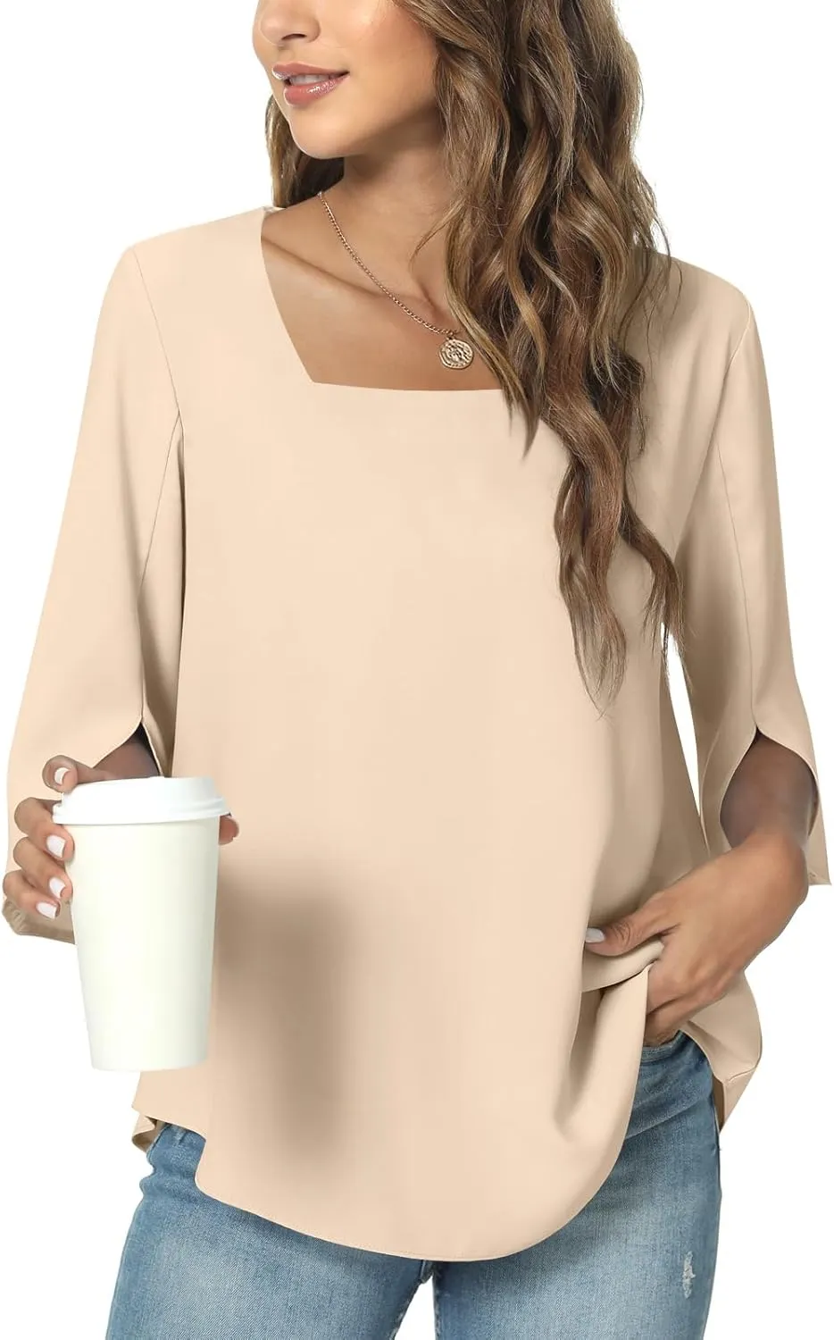 TAOHUADAO Womens 2025 Summer Casual Square Neck Loose Tunic Top for Leggings 3/4 Sleeve Chiffon Blouse