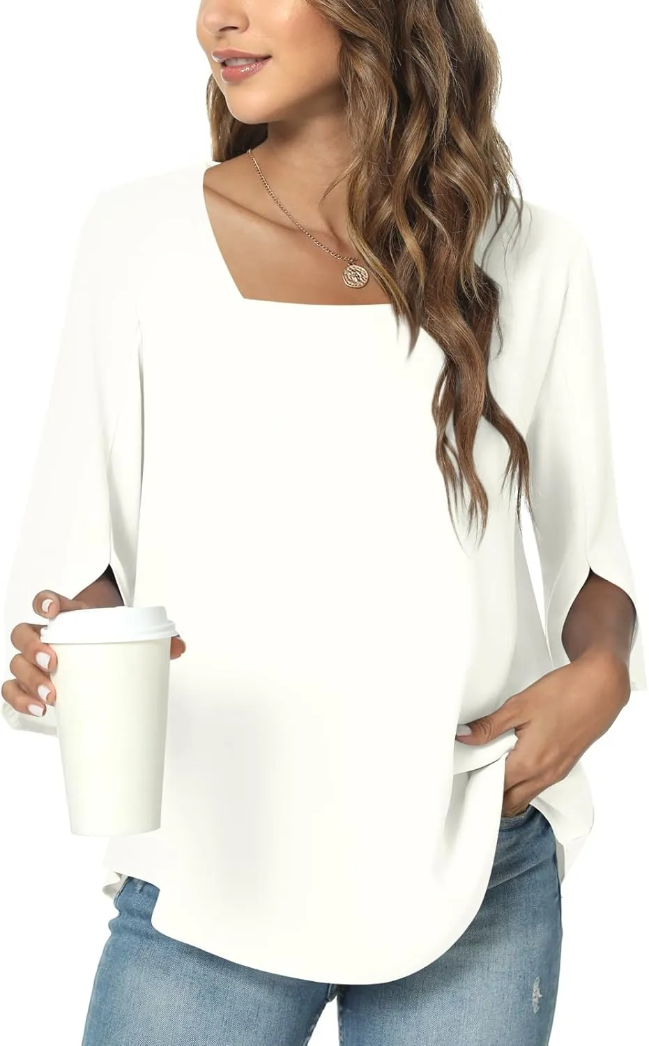 TAOHUADAO Womens 2025 Summer Casual Square Neck Loose Tunic Top for Leggings 3/4 Sleeve Chiffon Blouse