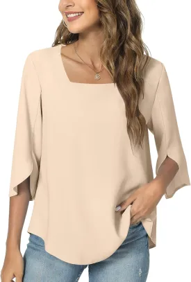 TAOHUADAO Womens 2025 Summer Casual Square Neck Loose Tunic Top for Leggings 3/4 Sleeve Chiffon Blouse