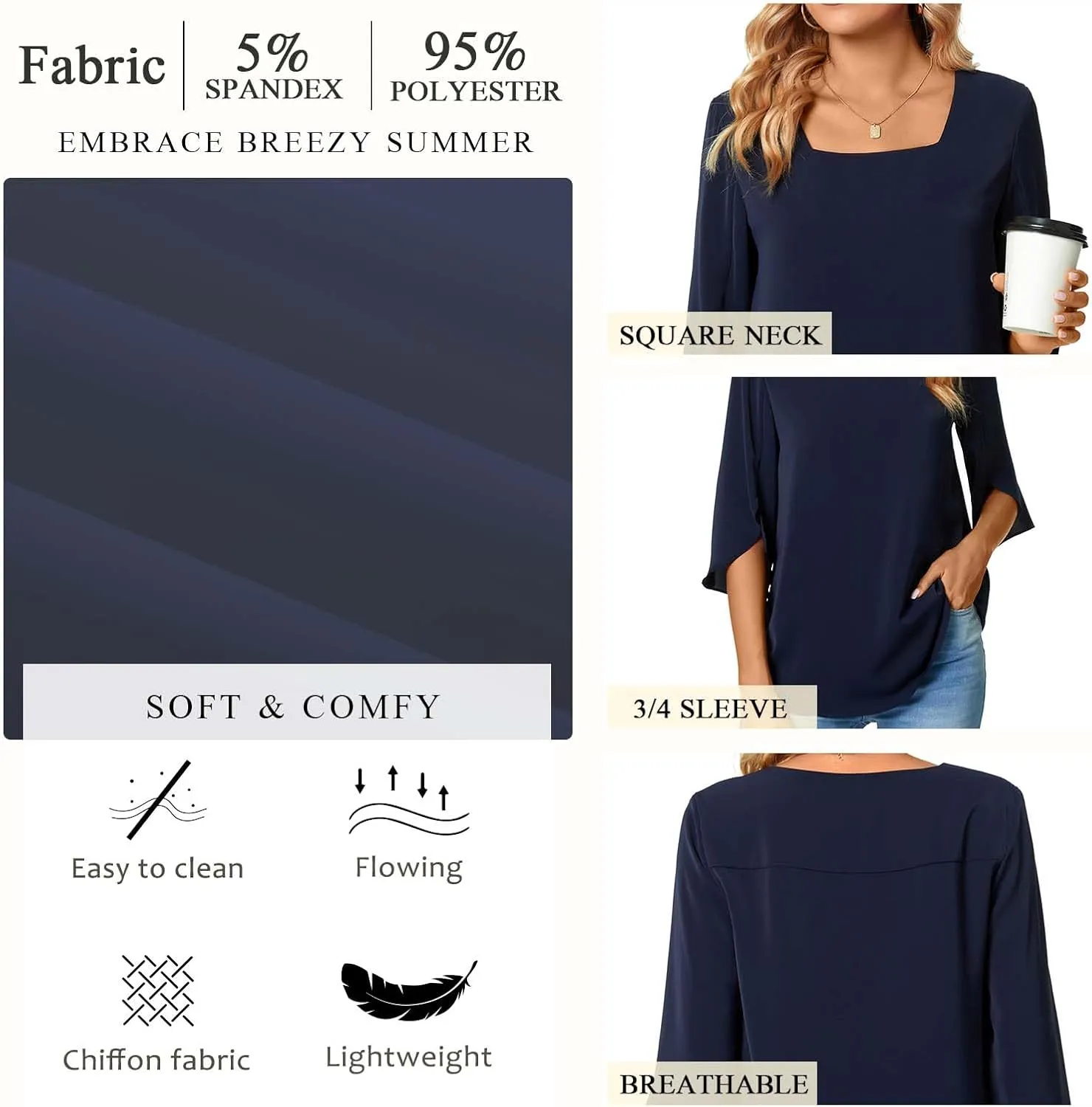 TAOHUADAO Womens 2025 Summer Casual Square Neck Loose Tunic Top for Leggings 3/4 Sleeve Chiffon Blouse