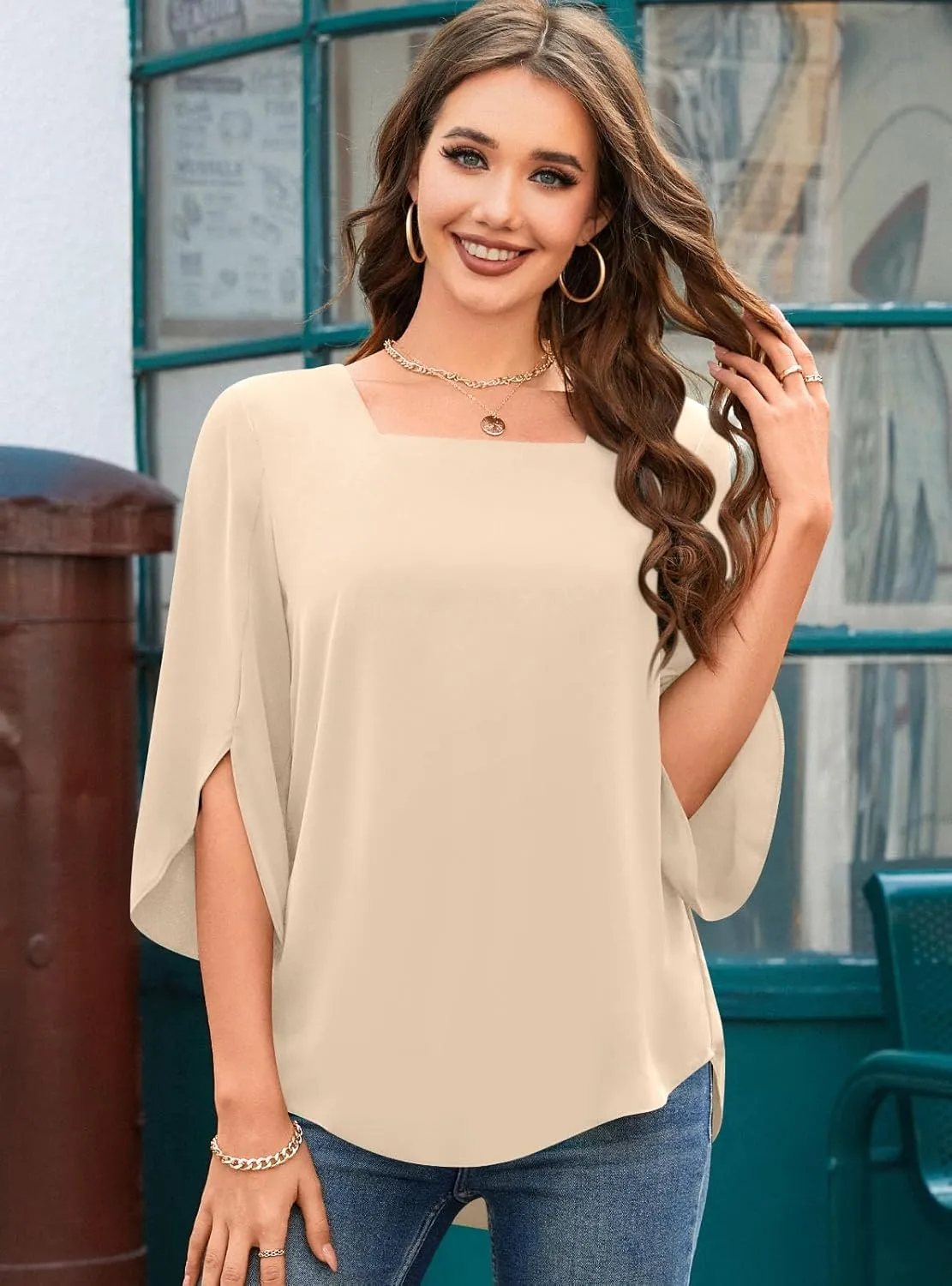 TAOHUADAO Womens 2025 Summer Casual Square Neck Loose Tunic Top for Leggings 3/4 Sleeve Chiffon Blouse