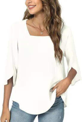 TAOHUADAO Womens 2025 Summer Casual Square Neck Loose Tunic Top for Leggings 3/4 Sleeve Chiffon Blouse
