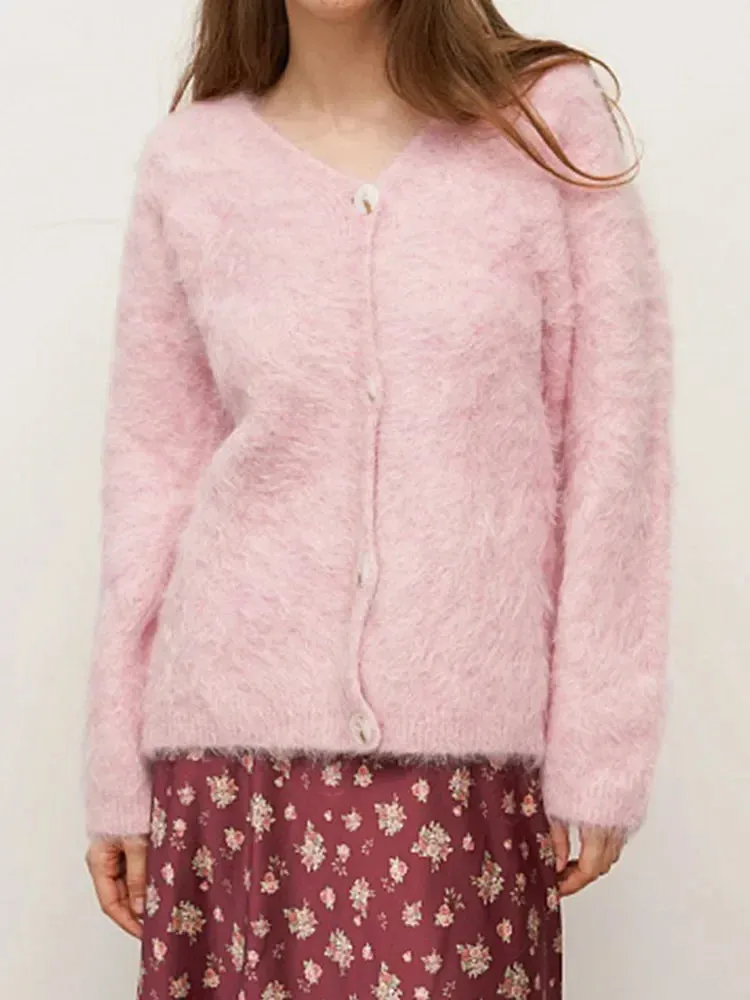 TAVIMART  -  New Women Pink Single Breasted Mohair Cardigan Casual Women's V Neck Long Sleeves Sweater Autumn Female Office Knitwear
