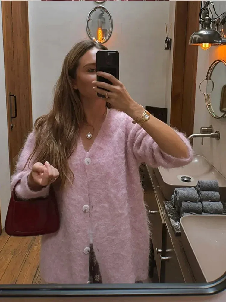 TAVIMART  -  New Women Pink Single Breasted Mohair Cardigan Casual Women's V Neck Long Sleeves Sweater Autumn Female Office Knitwear