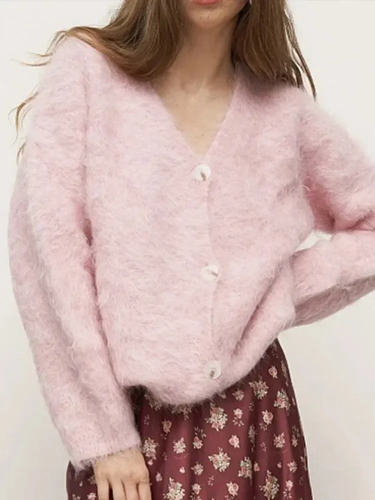 TAVIMART  -  New Women Pink Single Breasted Mohair Cardigan Casual Women's V Neck Long Sleeves Sweater Autumn Female Office Knitwear