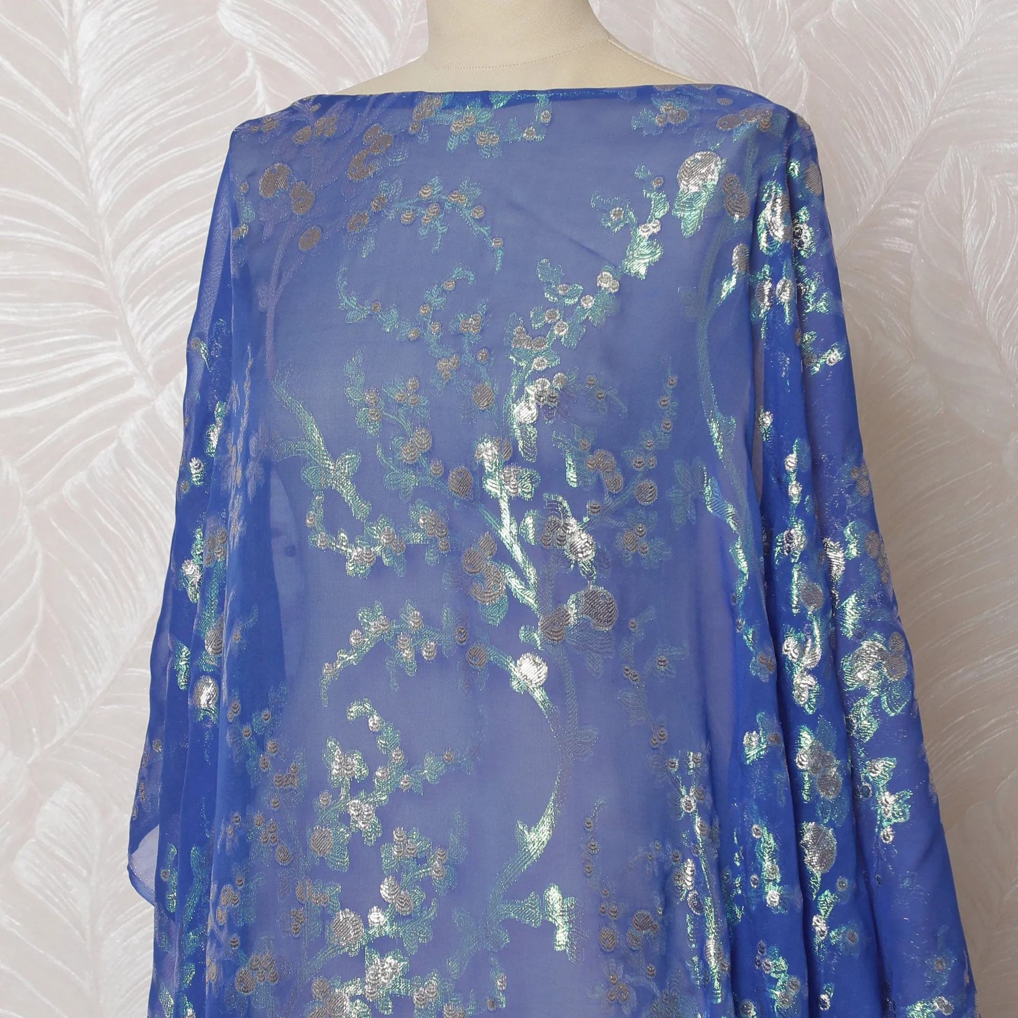 Traditional Somali Dirac Fabric in Pure Silk Chiffon with Metallic Lurex, Blue and Silver, 3.5 Meters X 140 Cms-D19865