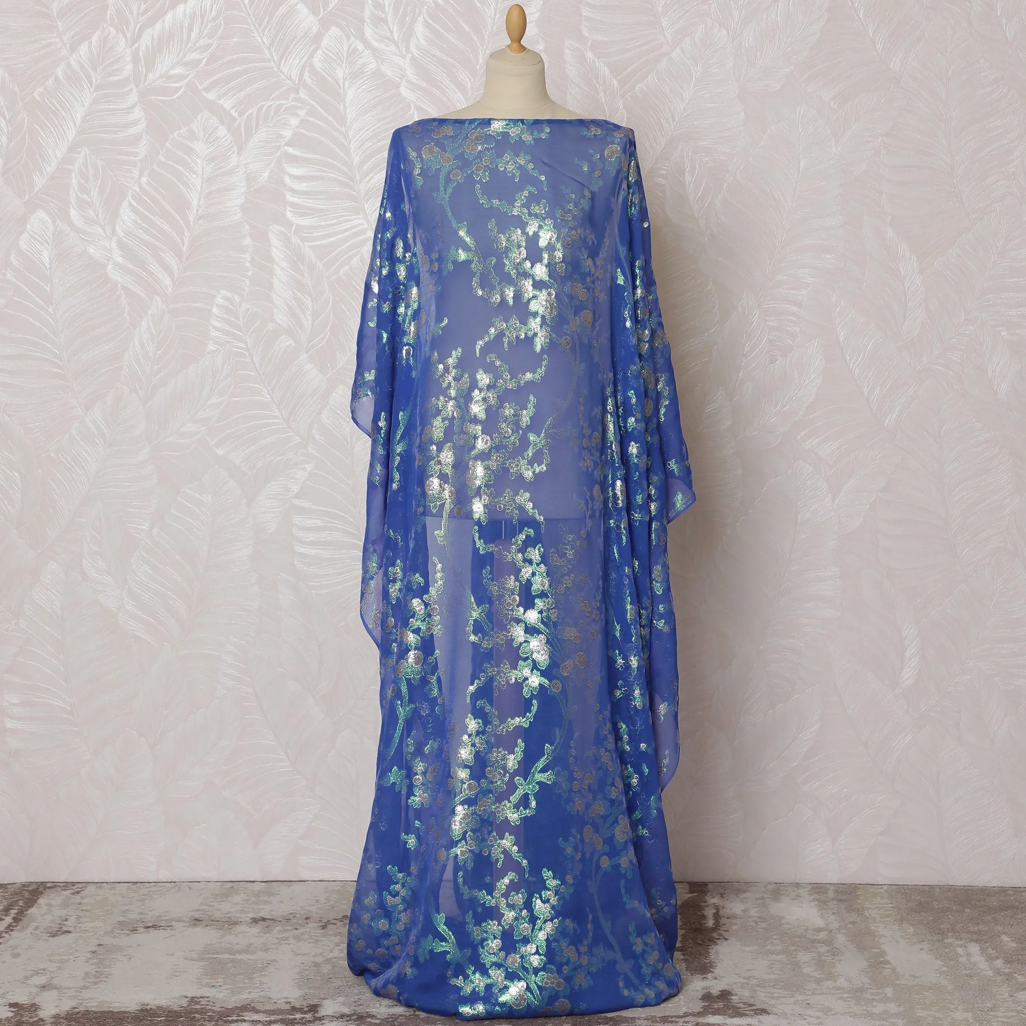 Traditional Somali Dirac Fabric in Pure Silk Chiffon with Metallic Lurex, Blue and Silver, 3.5 Meters X 140 Cms-D19865