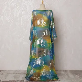 Traditional Somali Dirac Fabric in Pure Silk Chiffon with Metallic Lurex, Green and Blue Ombre, 3.5 Meters, 140 cm Width-D19899