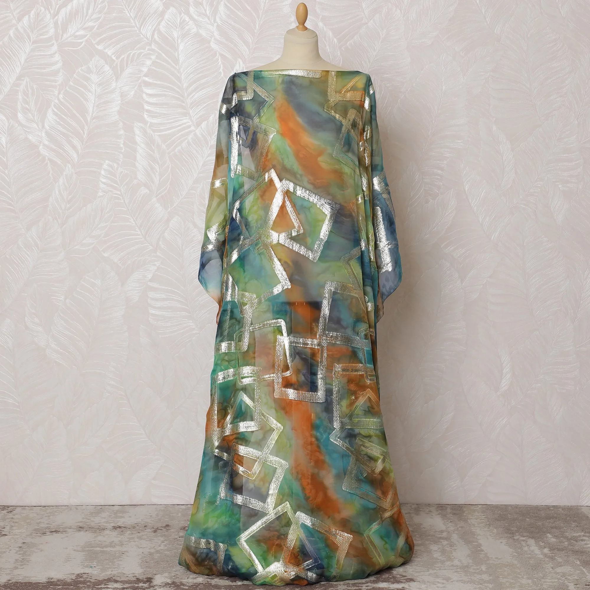 Traditional Somali Dirac Fabric in Pure Silk Chiffon with Metallic Lurex, Multicolor with Silver Geometric Print, 3.5 Meters, 140 cm Width-D19915