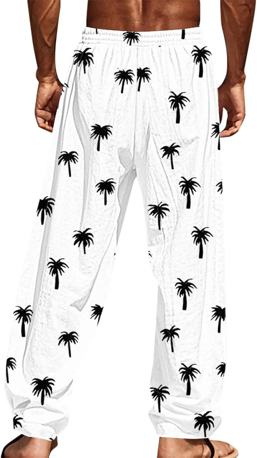 Tropical Palm Tree Graphic Sweatpants for Men Hawaiian Beach Vacation Pants Soft Lounge Lightweight Relaxed Fit