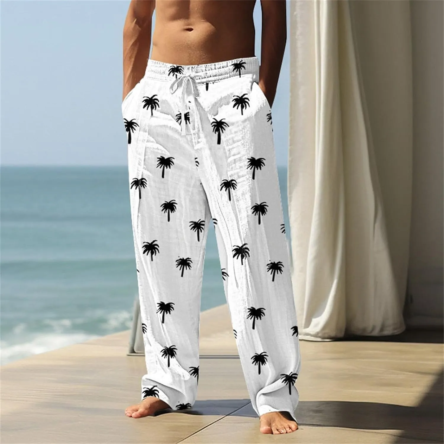 Tropical Palm Tree Graphic Sweatpants for Men Hawaiian Beach Vacation Pants Soft Lounge Lightweight Relaxed Fit